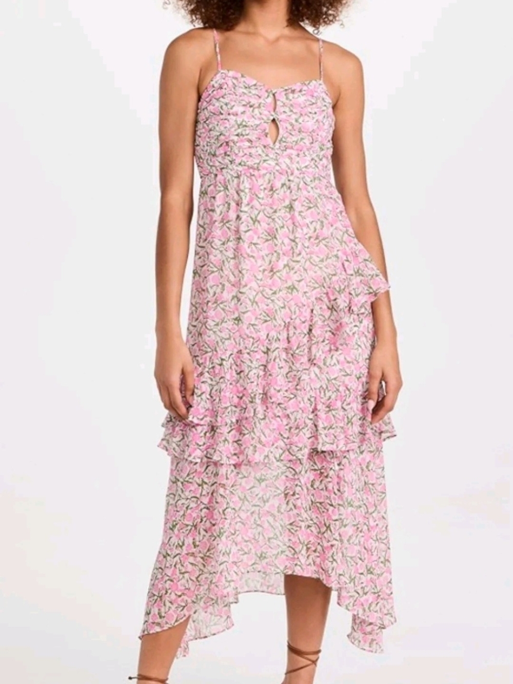 MINKPINK Pink Floral Asymmetrical Tiered Midi Dress